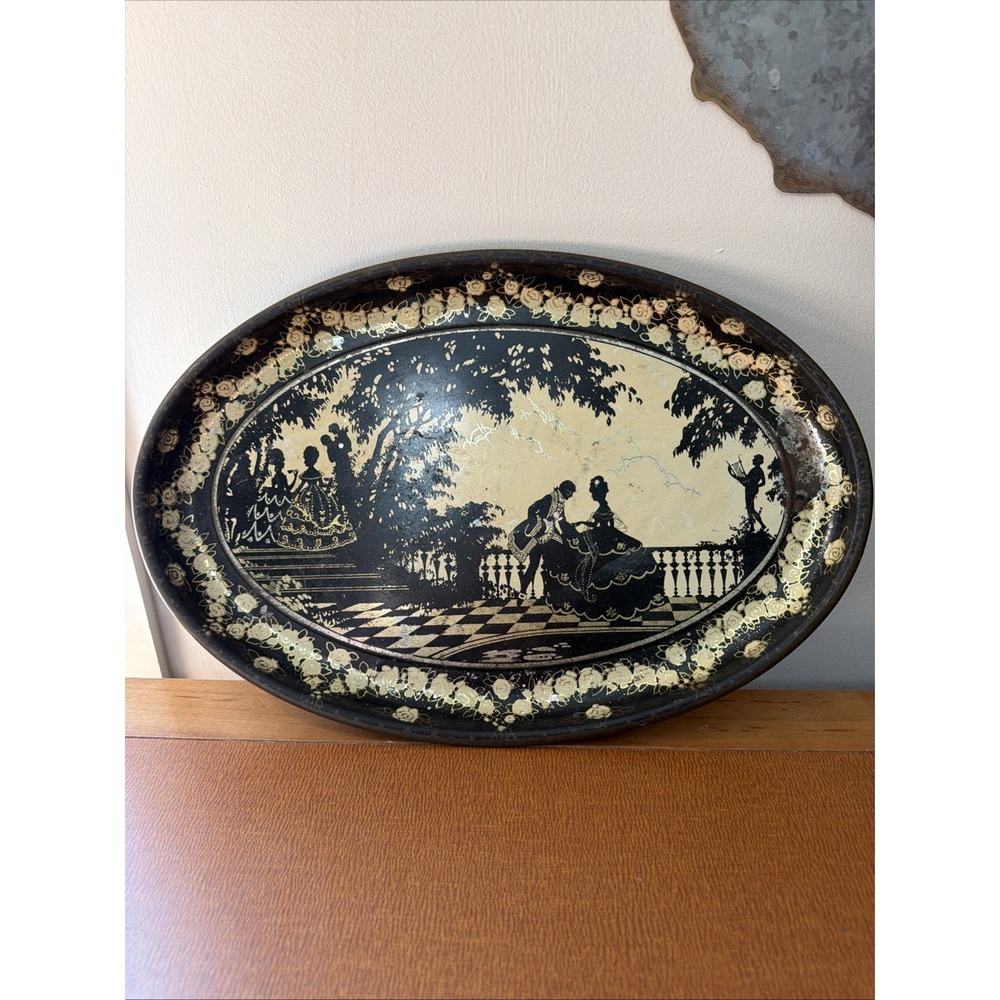 Vintage Metal Oval Serving Tray Victorian French Gathering  Litho 16"